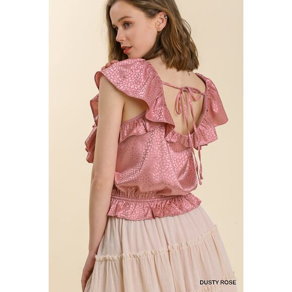 UMGEE Satin Animal Jacquard Print Lace Neck Back Tie Ruffle Top Dusty Rose S - Picture 3 of 6